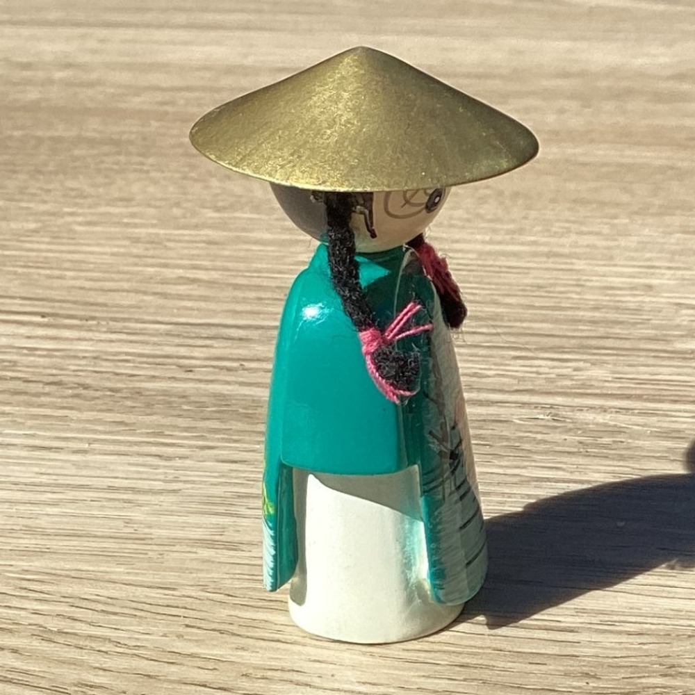 Vintage Charming Doll Figurine with Conical Hat & Teal Robe Hand Painted Accent - Picture 3 of 7